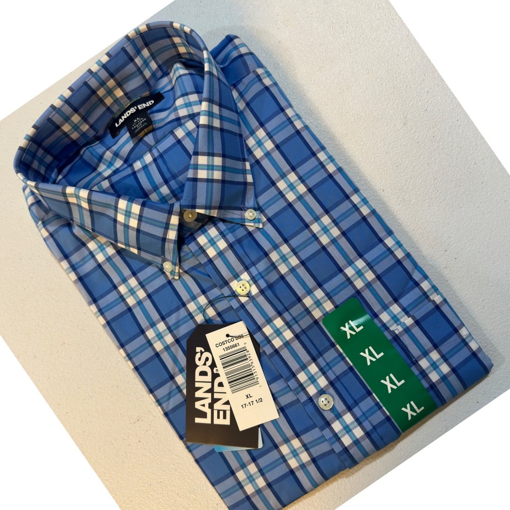 Lands' End Shirt Mens XL Blue Plaid Coolmax Tailored Fit Button Down New NWT